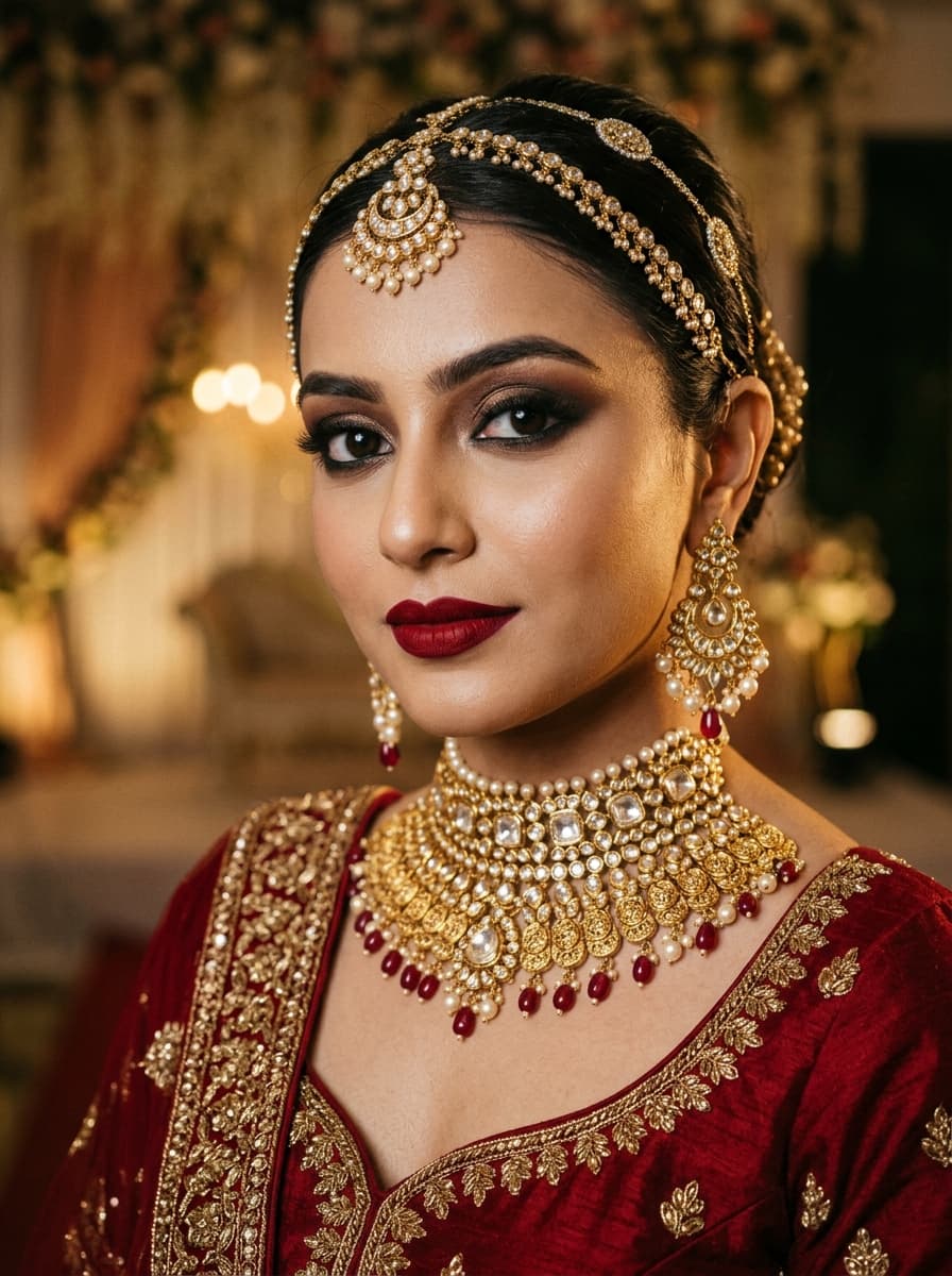 Dramatic bridal look with bold red lips and gold smoky eye