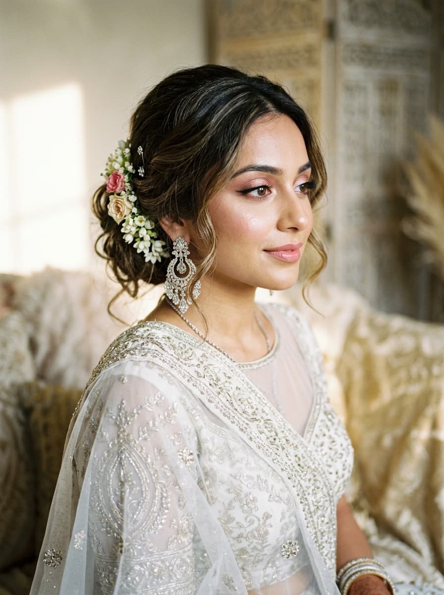 Soft bridal look with rose gold eye makeup and dewy skin