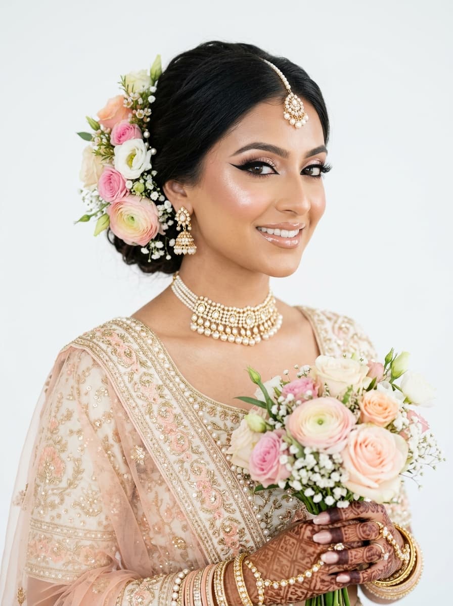 Contemporary fusion bridal makeup with nude lips and shimmer