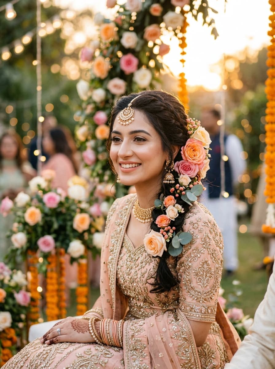 Engagement party makeup with coral lips and glowing skin